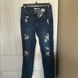 Distressed Blue Jeans with Leopard